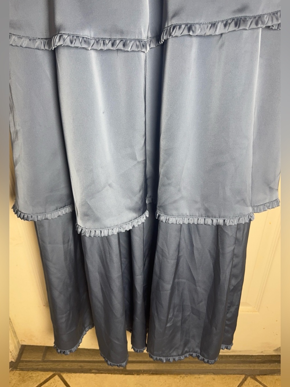 Altar'd State Stellni Satin Maxi Dress Tiered Ruffle Skirt Corset Bodice in Blue - Picture 7 of 16